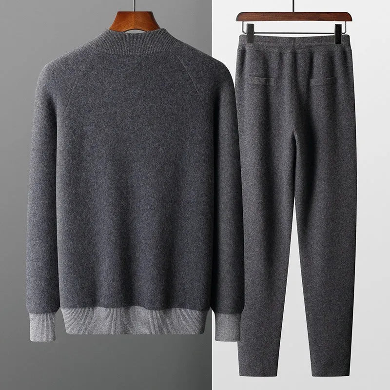 Men's navy blue cashmere blend knitted cardigan suit with half-turtleneck zipper top and trousers