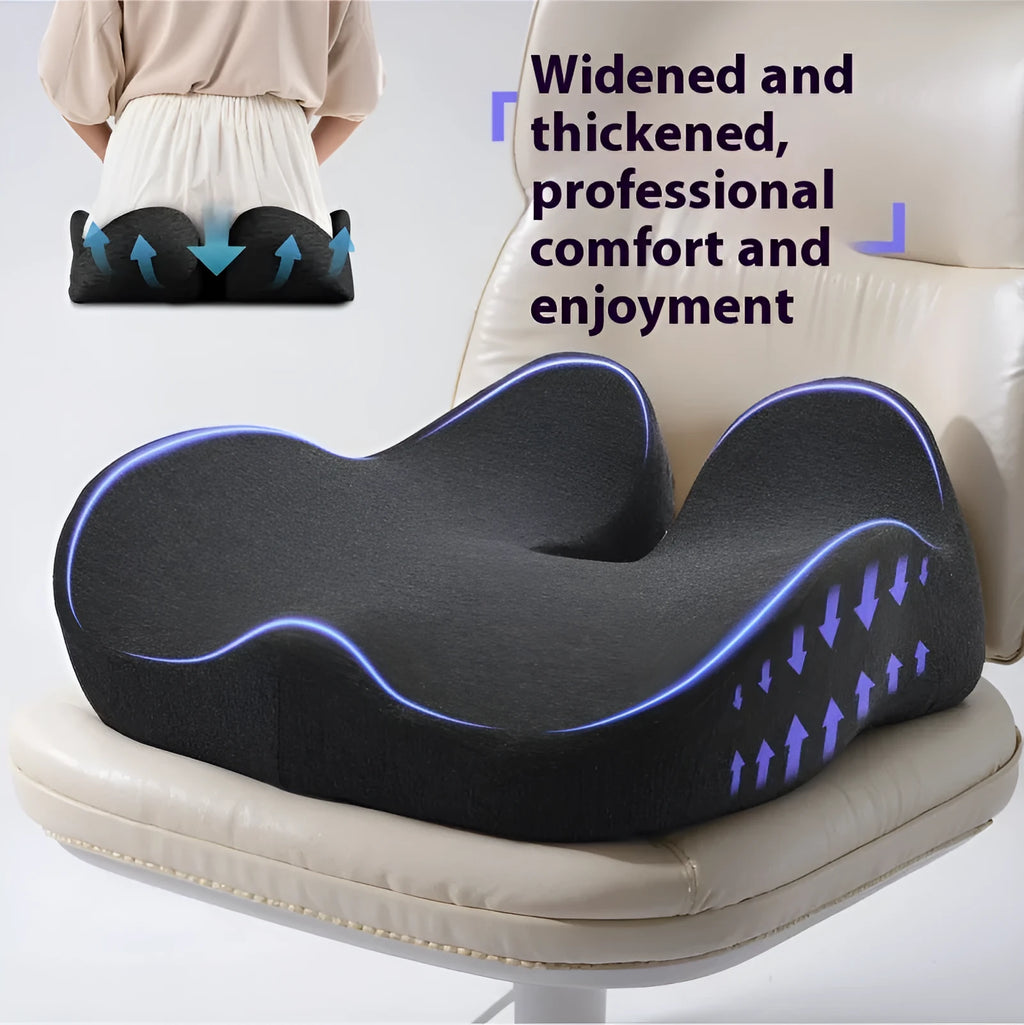 Light grey memory foam office chair cushion measuring 46x43x12cm on a chair