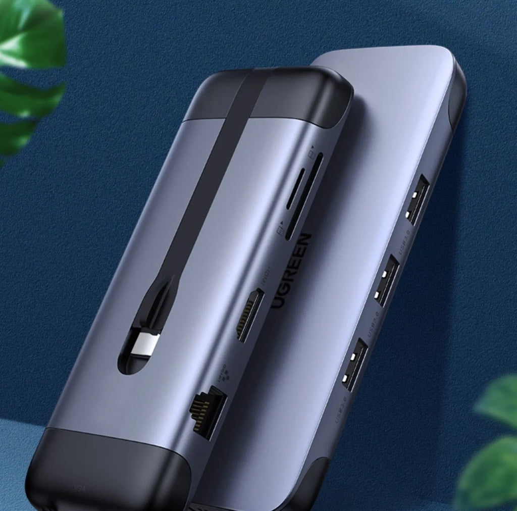 USB-C to multi-port hub adapter with HDMI, USB 3.0, PD charging, Ethernet, VGA, and card reader ports on a 9cm cable.