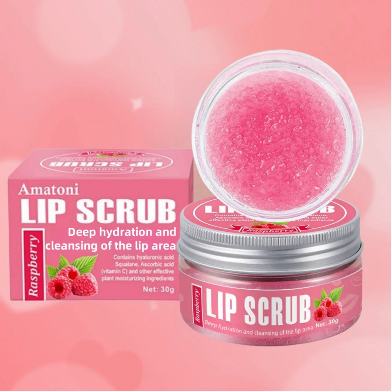 Amatoni Lip Scrub jar in one of four flavours: Coconut, Raspberry, Vanilla, or Watermelon, 30g net weight.