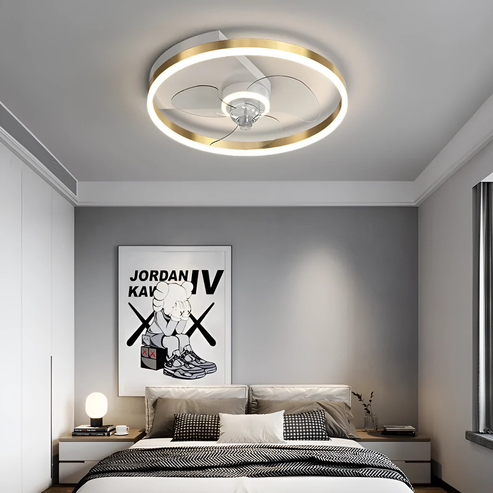 Simple modern Nordic children's room ceiling lamp with integrated fan and LED light in iron body.