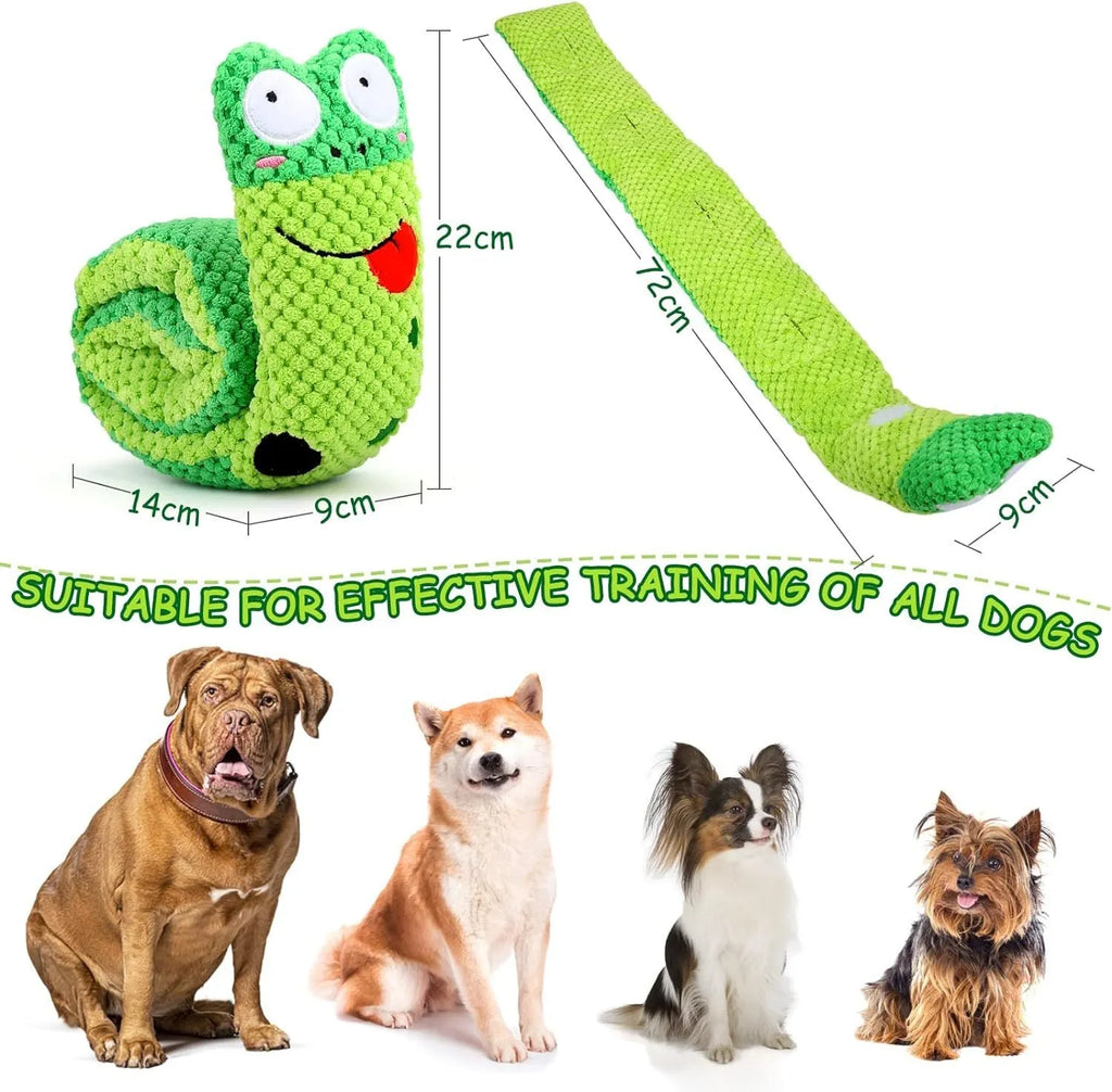 Squeak dog puzzle toy shown in snail and stick shapes with hidden food holes for foraging games