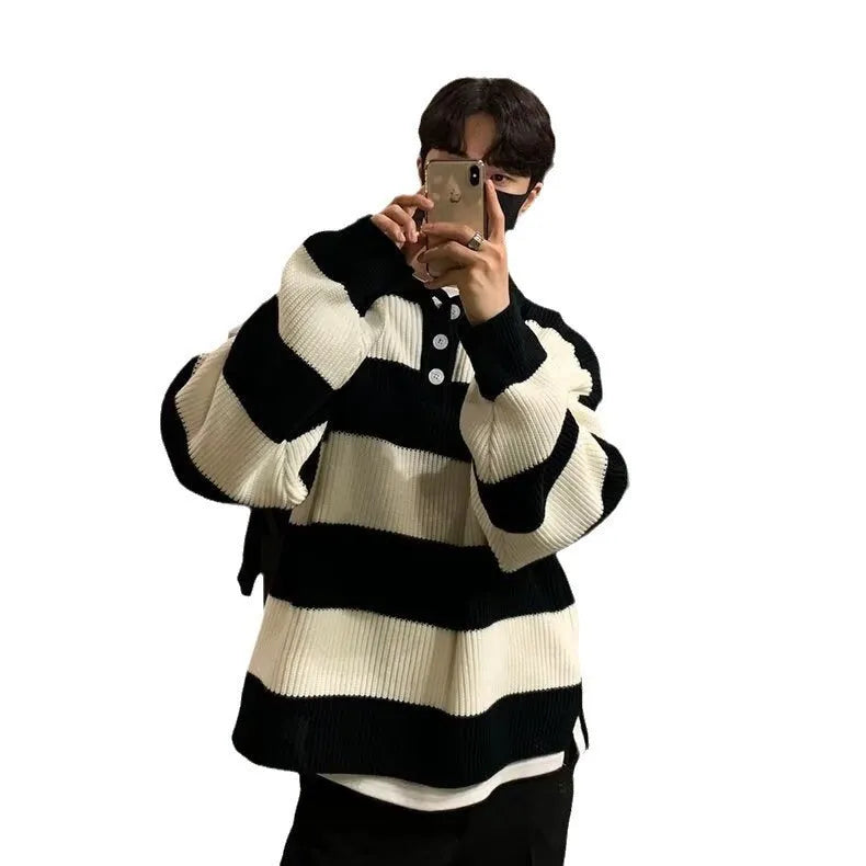 Men's loose striped pullover coat sweater in black, long sleeves, polyester knit, front view