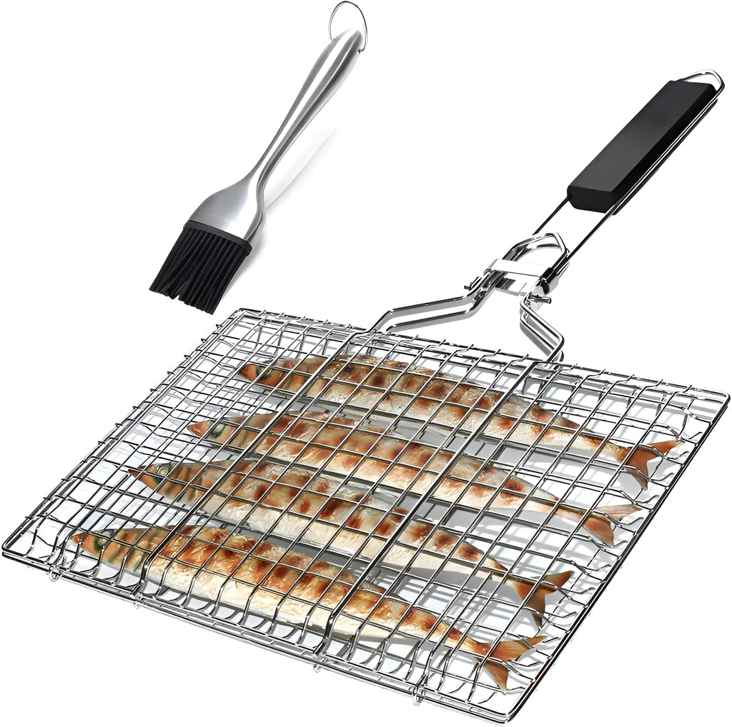 Square stainless steel barbecue mesh basket in a folded position next to a cleaning brush.