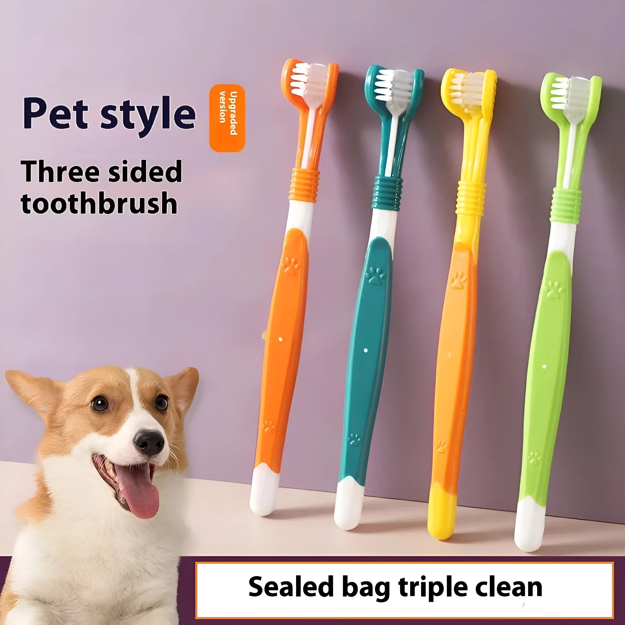 Pet toothbrush with plastic handle and nylon bristles in multiple colour options on sealed bag packaging