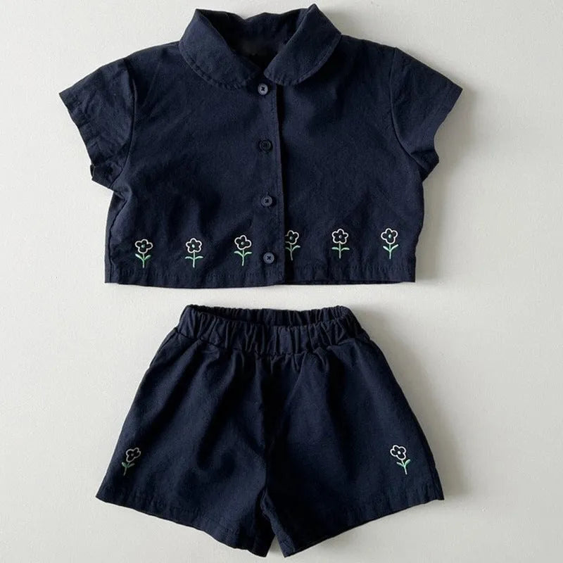 Cotton floral short sleeve shorts two-piece set for kids in pink and sapphire blue