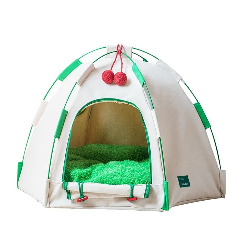Dome-shaped cloth cat nest tent for indoor use with optional thick pad, suitable for cats and small dogs.