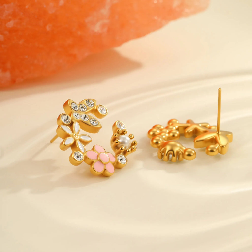 Gold plated flower stud earrings with colourful petal design on stainless steel