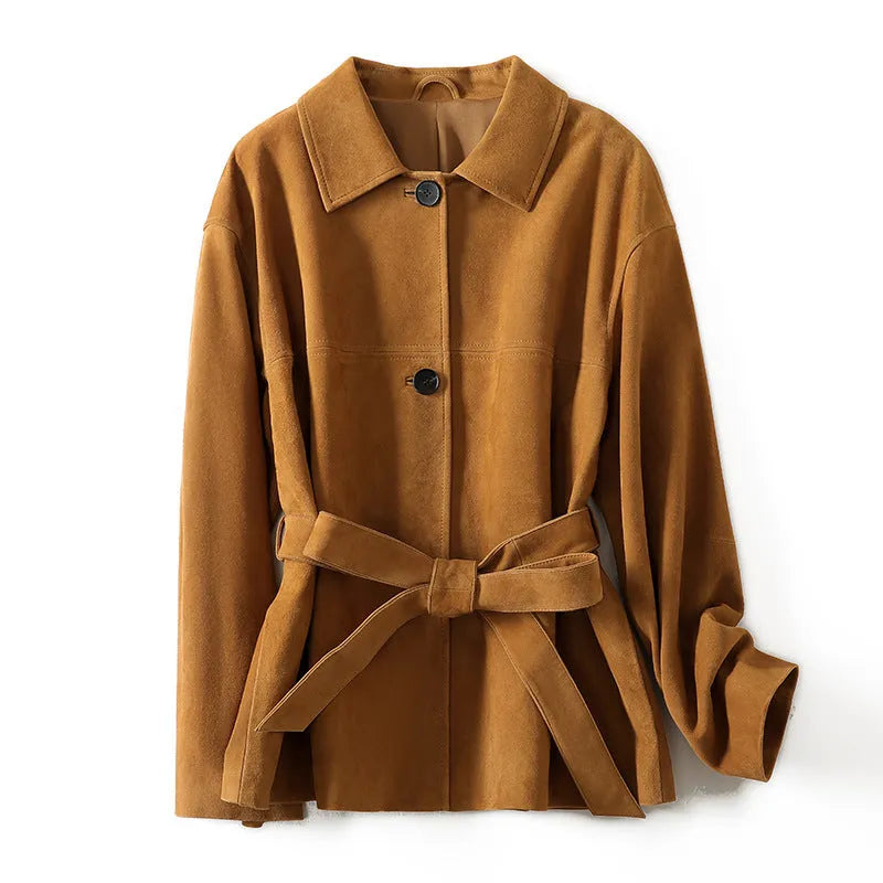 Brown cashmere coat with Peter Pan collar and leather stitching in retro art style