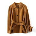 Brown cashmere coat with Peter Pan collar and leather stitching in retro art style