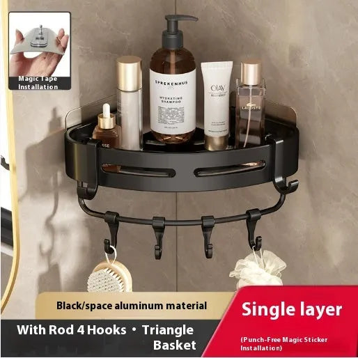 Gun gray triangle wall-mounted bathroom rack with rod, fan-shaped corner design, 15kg load capacity