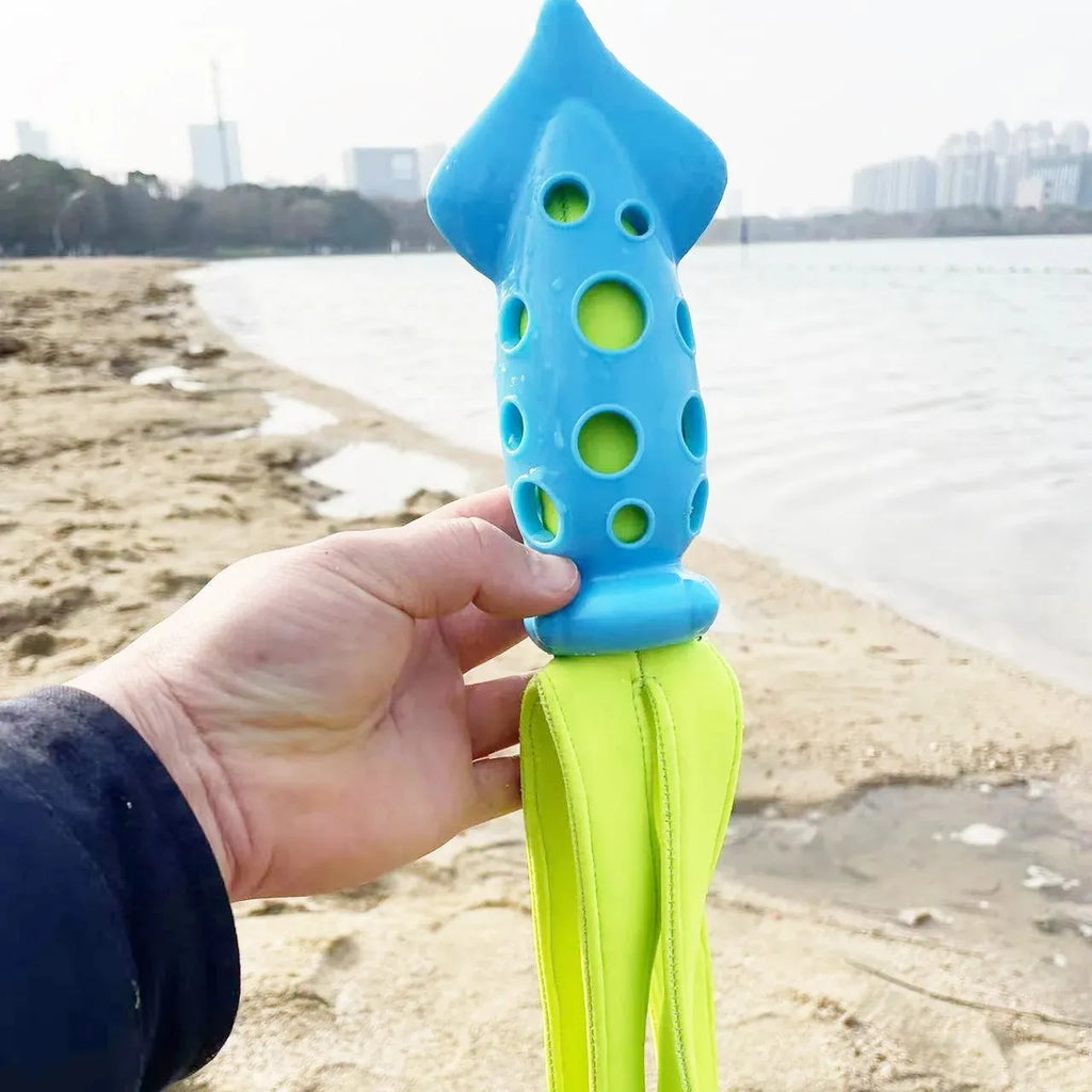 Blue squeaky cuttlefish dog toy for teeth cleaning and fetch, 39 cm, rubber and waterproof cloth