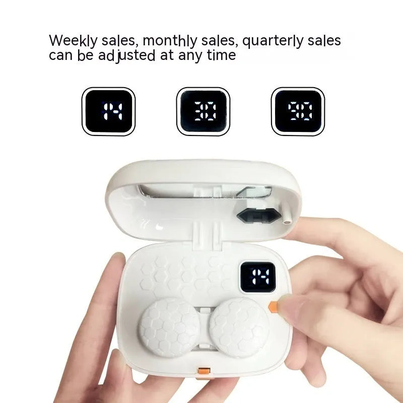 Automatic ultrasonic contact lens cleaning machine in pearl white, blue, or pink plastic housing.