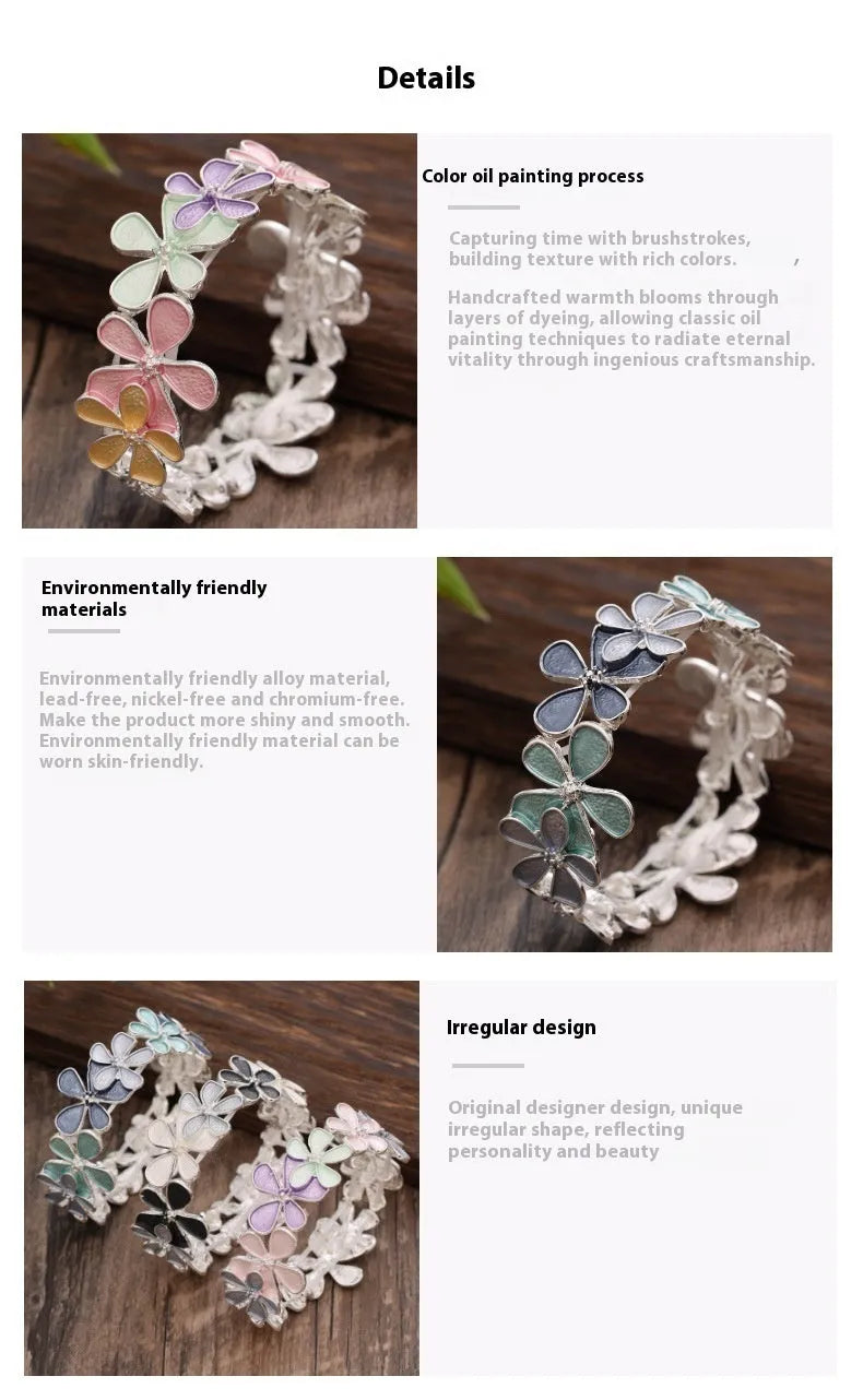 Flower elastic bracelet women's zinc alloy hand bracelet with dripping oil finish blue flower pattern