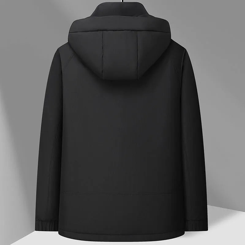 Outdoor white duck down hooded jacket for men in black polyvinyl alcohol fibre blend with front zip