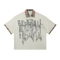 Men's loose asymmetric short-sleeved cotton top with graffiti printing on lapel in blue or red
