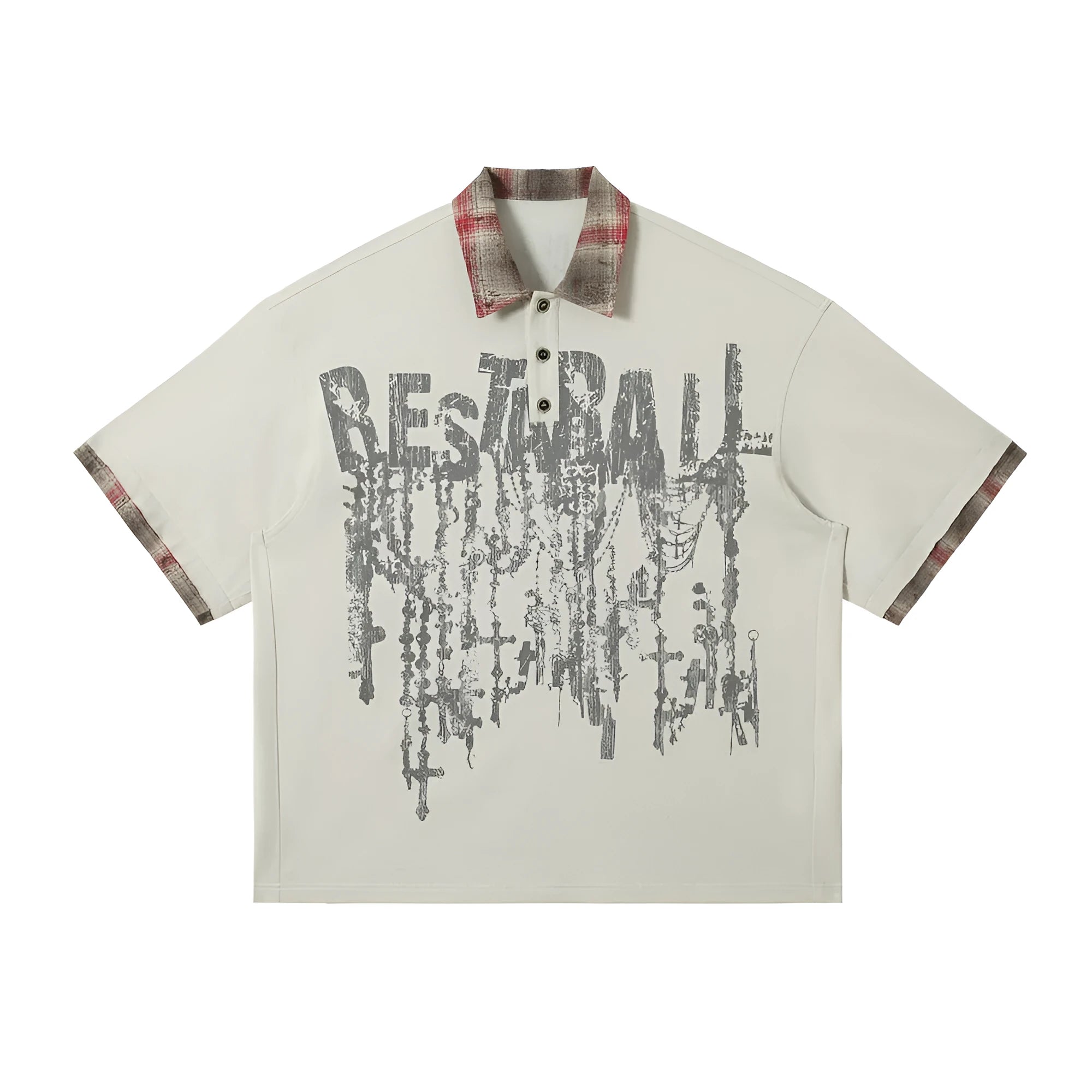 Men's loose asymmetric short-sleeved cotton top with graffiti printing on lapel in blue or red