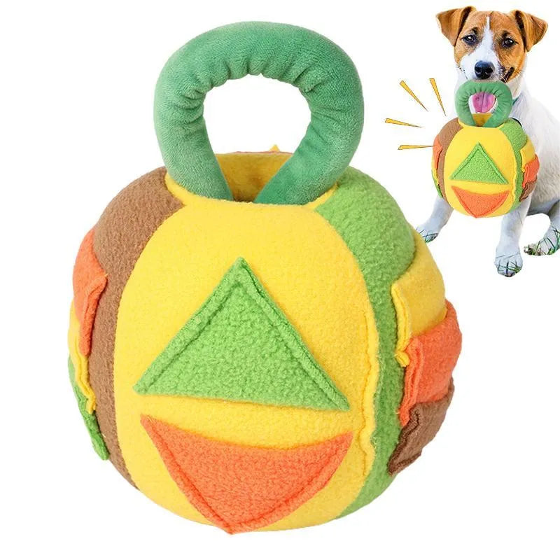 Green and pink plush squeaky dog ball toy with treat pockets for small medium dogs