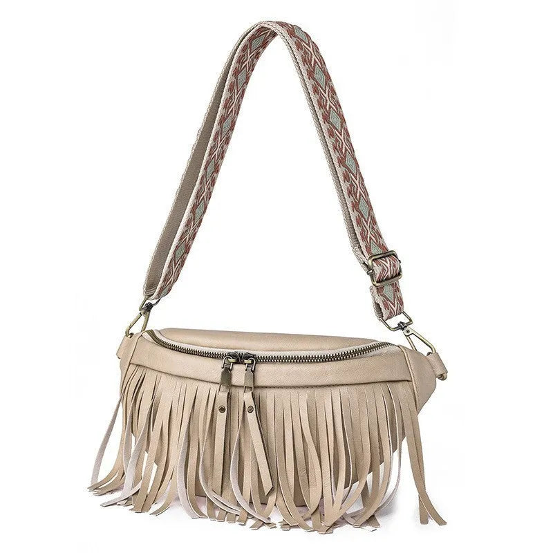 PU leather retro tassel messenger bag with crossbody strap in macaron gray