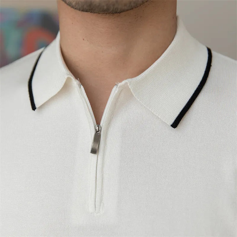Slim knitted retro polo shirt for men in coffee colour, short sleeves, washed viscose-polyester blend, front view