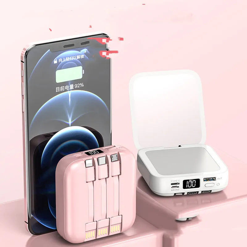 Beauty mirror power bank with cable in cherry blossom pink, compact size 84x78x33mm