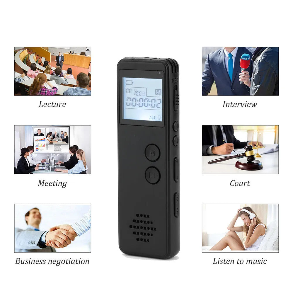 Black long distance MP3 digital voice recorder showing front display and buttons.