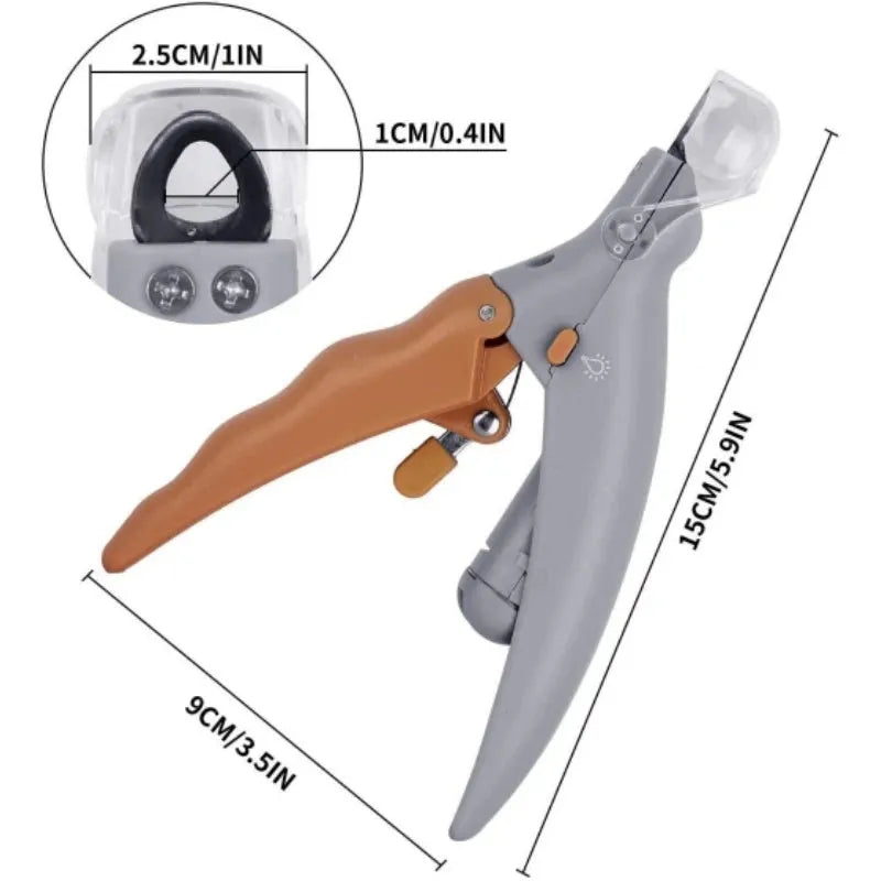 Yellow pet nail clipper with LED light, magnifying lens, and non-slip handle for dogs and cats.