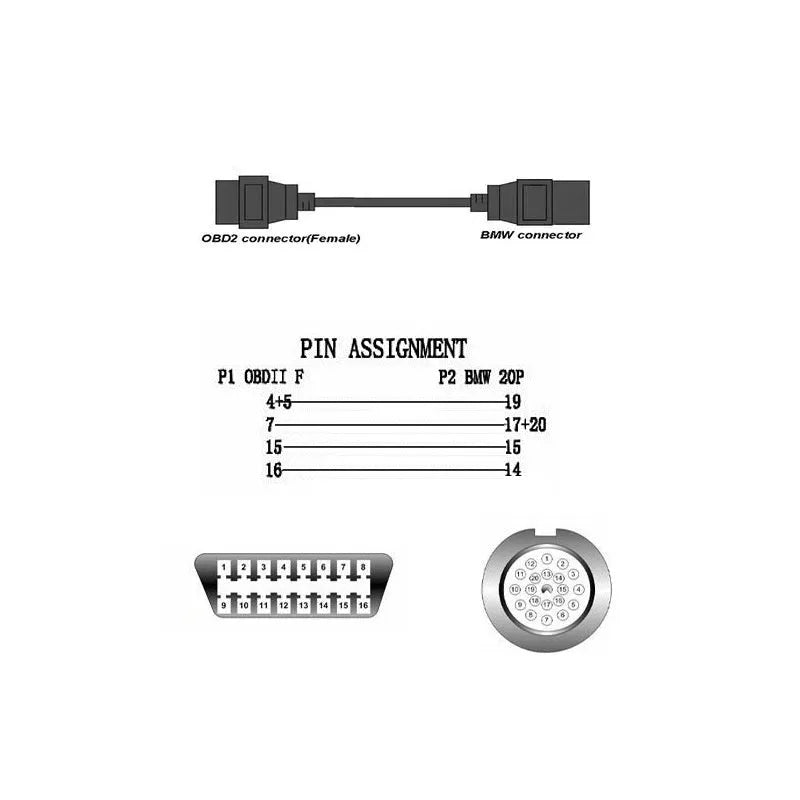 BMW 20-pin to 16-pin OBD2 diagnostic cable adapter with connecting cables