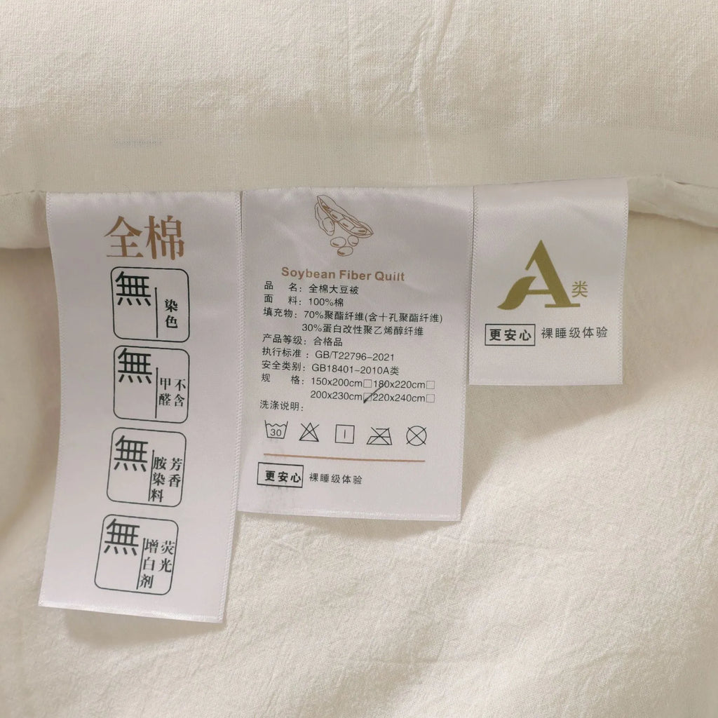 Soybean fibre quilt with pure cotton cover in white, pink jade, or grey colour.