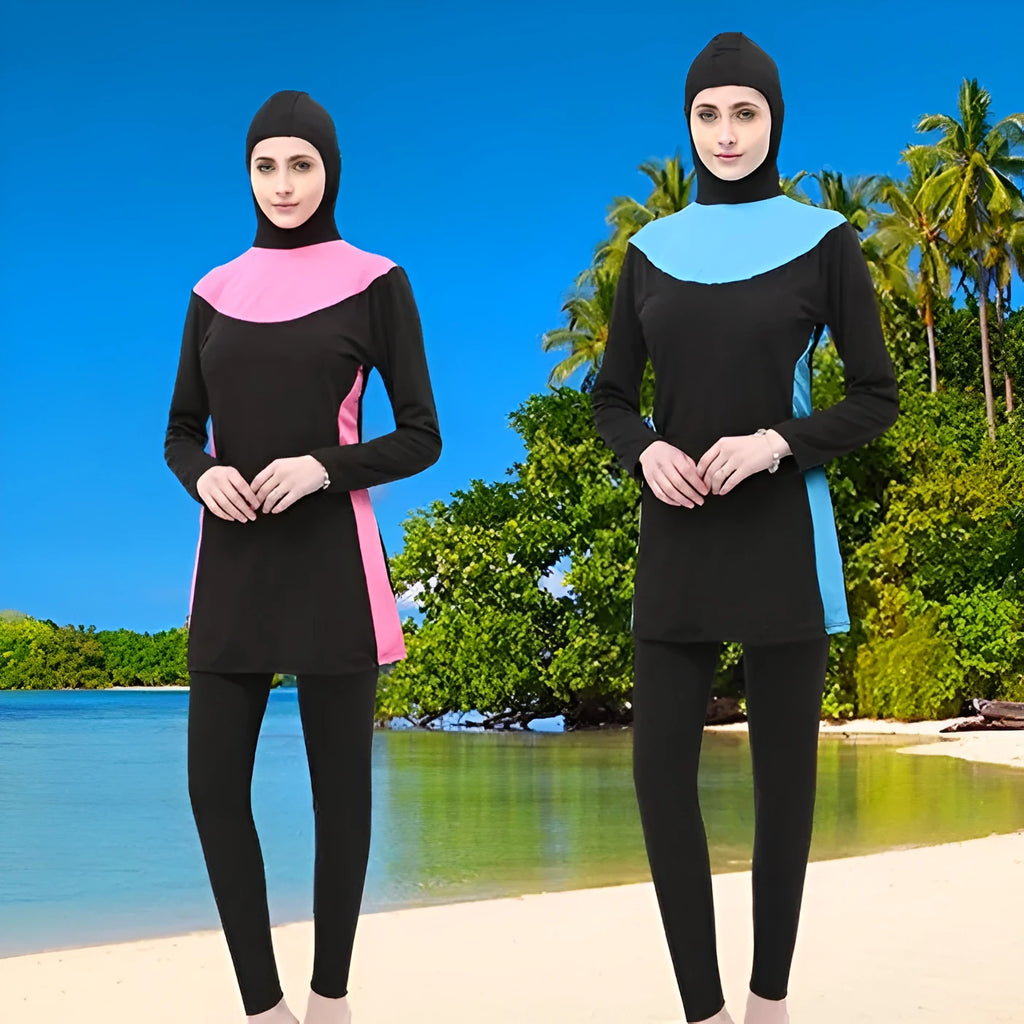 Conservative long-sleeved hooded women's swimsuit in black with coloured trim.