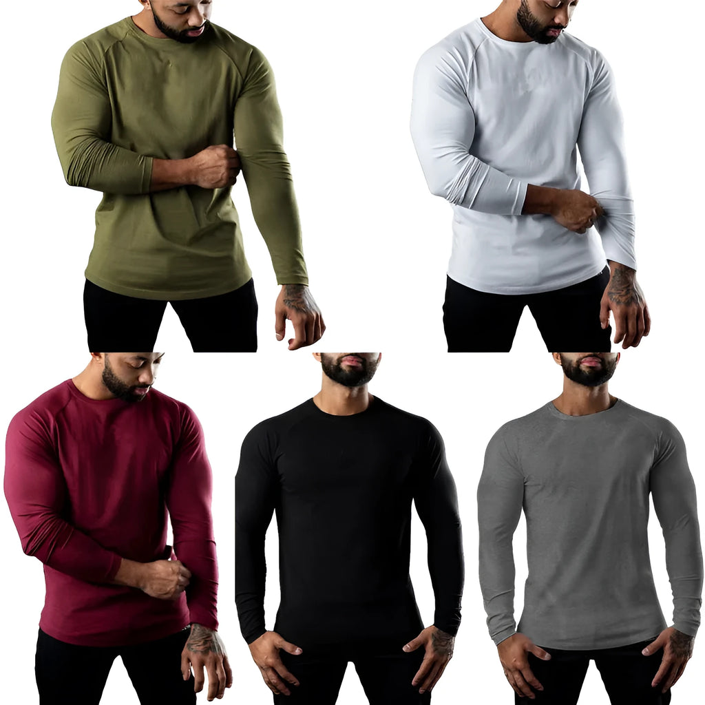 Men's long sleeve cotton sports T-shirt round neck quick-drying exercise top Army Green front view