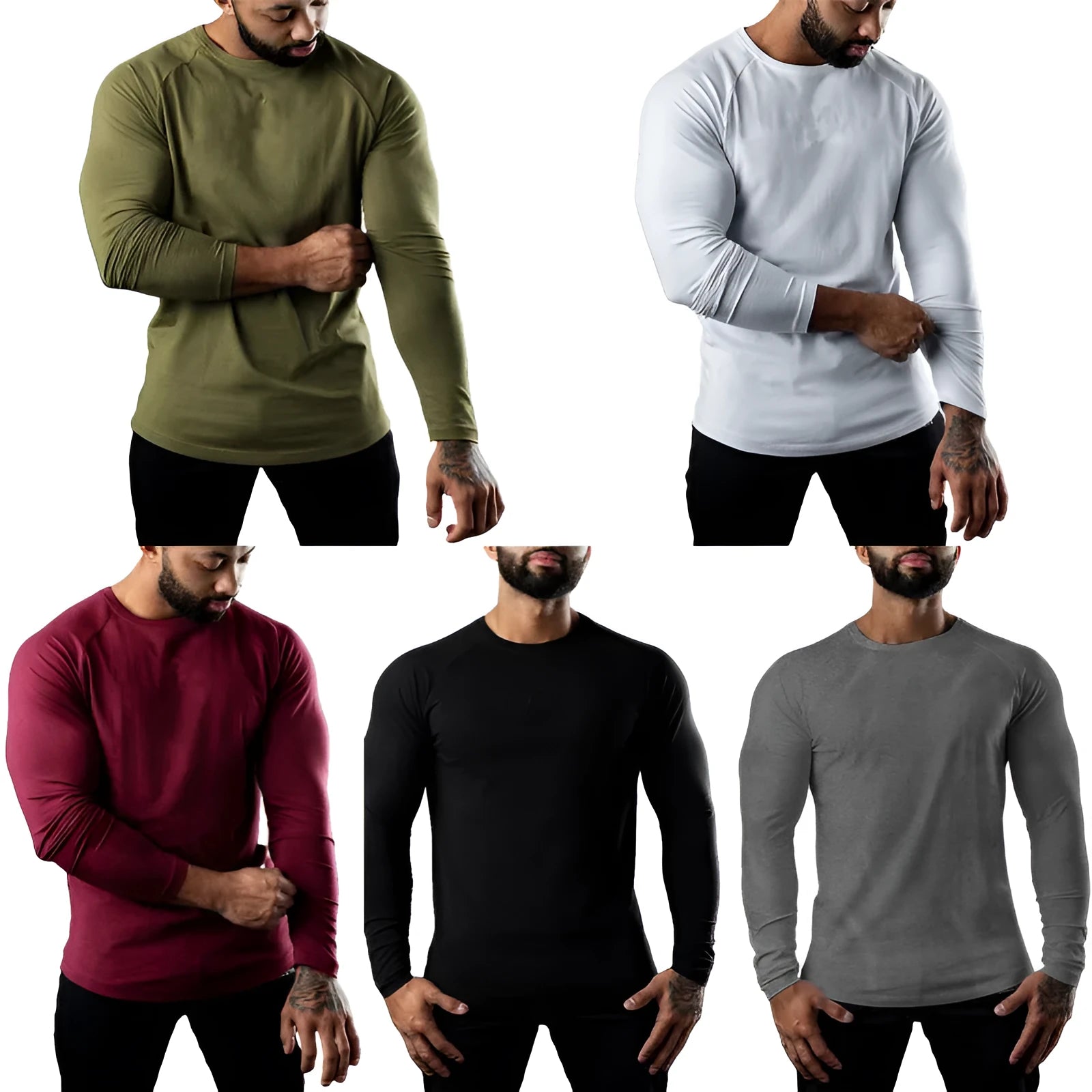 Men's long sleeve cotton sports T-shirt round neck quick-drying exercise top Army Green front view