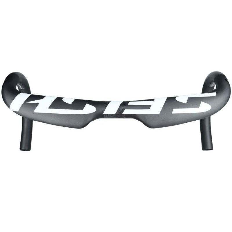 Carbon fibre road bike drop handlebar in black light finish with 31.8mm clamp and internal cable routing ports