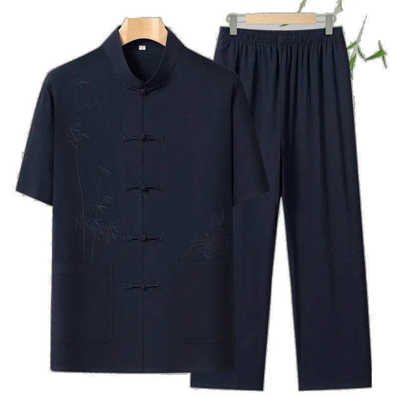 Gray cotton short-sleeved leisure suit set for elderly men with top and pants on display