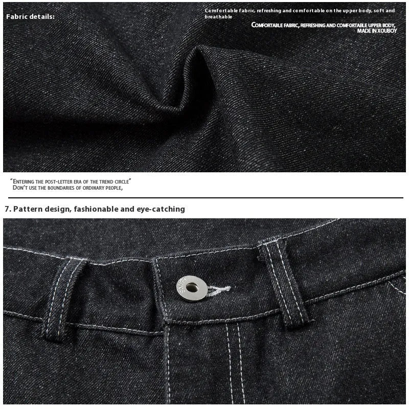Black multi-pocket pleated workwear jeans made from cotton denim, mid-waist, zip placket, on display for teenagers