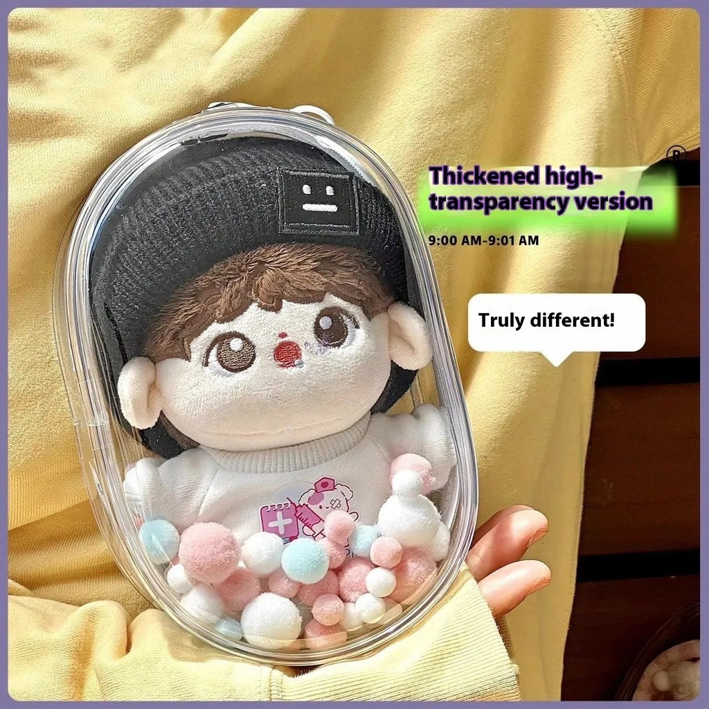 Transparent PVC cube storage bag in 13cm, 17cm, or 23cm size with keychain for dolls, postcards, or candy.