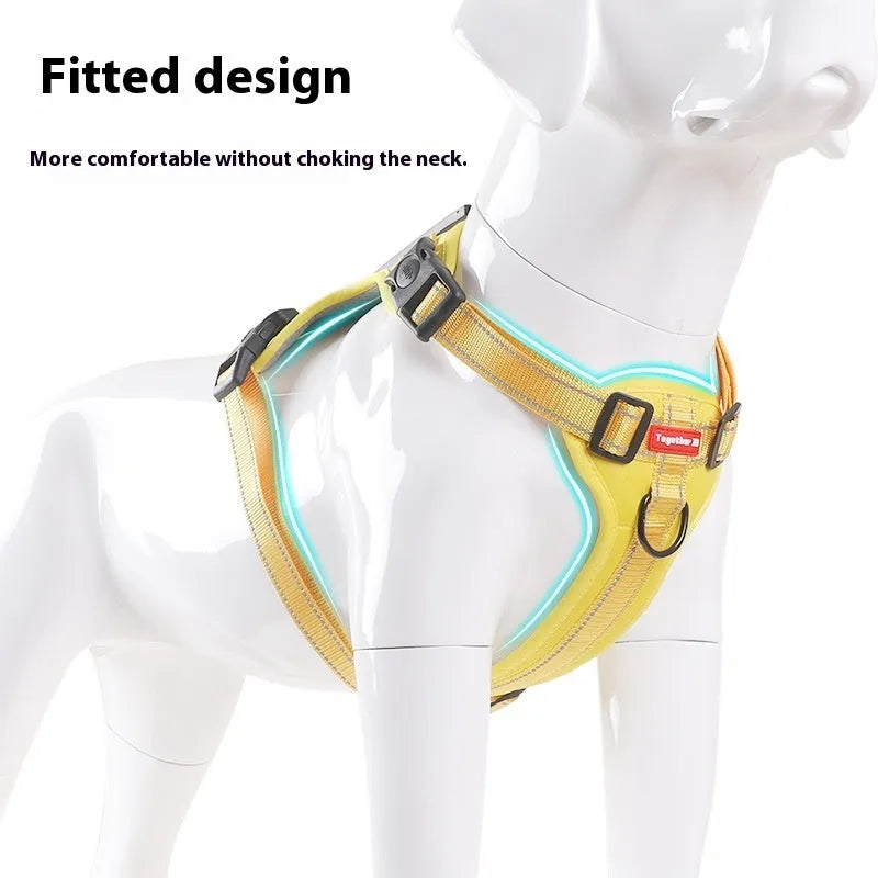 Dog chest harness and lead set in multiple colours including black, yellow, red, orange, pink, and lake blue
