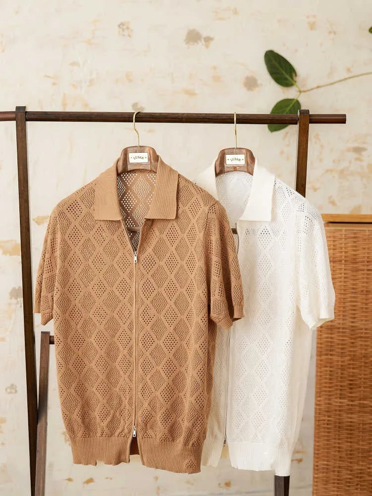 Light brown cotton short sleeve cardigan with lapel collar and zip front closure