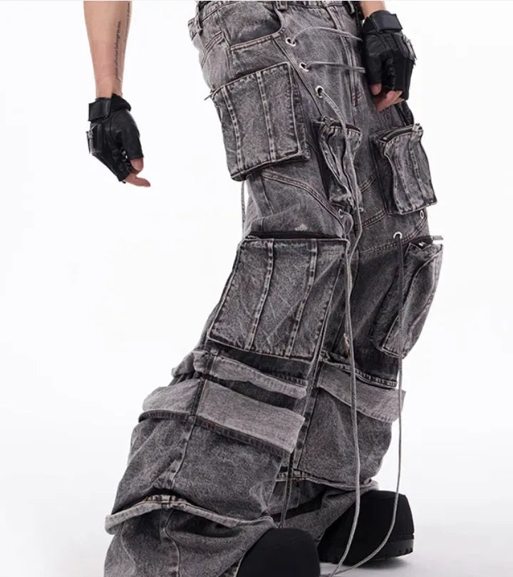 American-style distressed overalls rope stitching mop pants in grey cotton denim