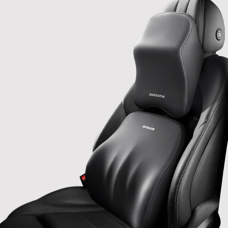 Car memory foam lumbar pillow set with headrest and waist rest in geometric pattern, black colour option