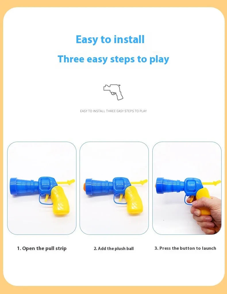 Plush pet toy launch gun with colourful yarn balls for indoor cat and dog play