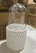 White acrylic makeup brush holder with transparent dust cover and rotating base