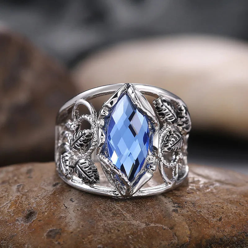 Blue F203 crystal inlay ring for women in alloy geometric horse eye shape, sizes 6 to 10