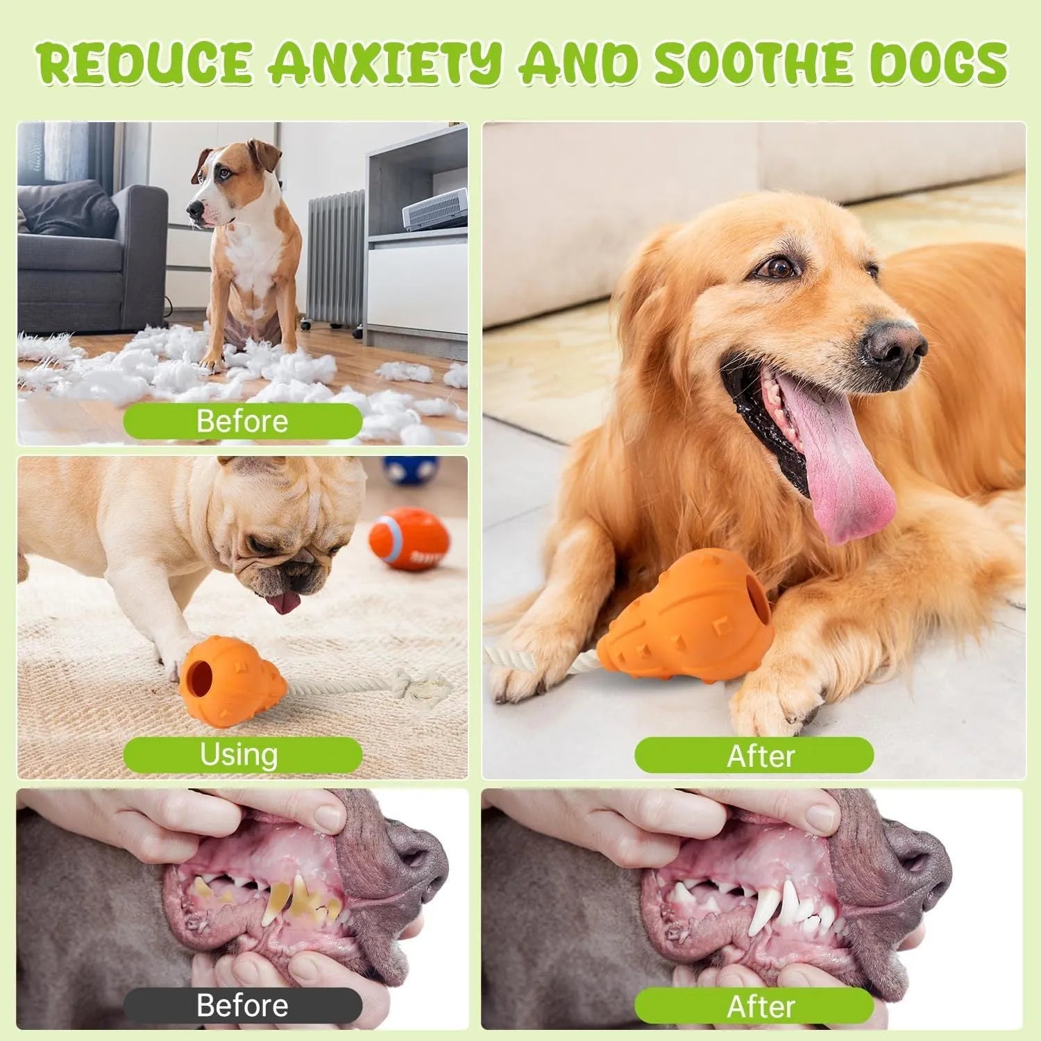 Natural rubber dog toy with treat-dispensing hollow centre and longer strap for fetch and tug