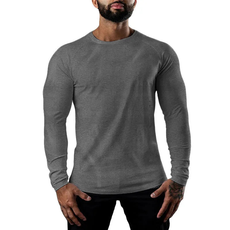 Men's long sleeve cotton sports T-shirt round neck quick-drying exercise top Army Green front view