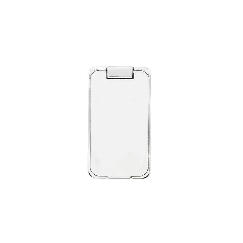 Foldable zinc alloy phone holder ring buckle in silver on a desk propping an iPhone at an angle.