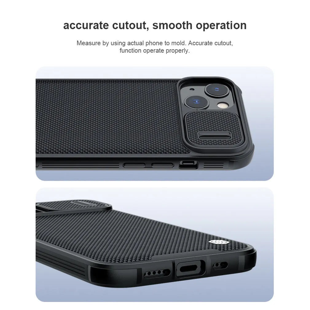 Black textured PC TPU sliding phone case for iPhone 13 Pro Max, 13 Pro, and 13 – back cover view