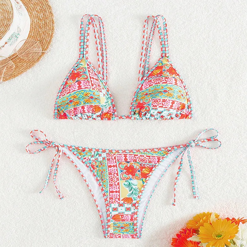 Women's lace-up split swimsuit with backless design in polyester spandex fabric for swimming