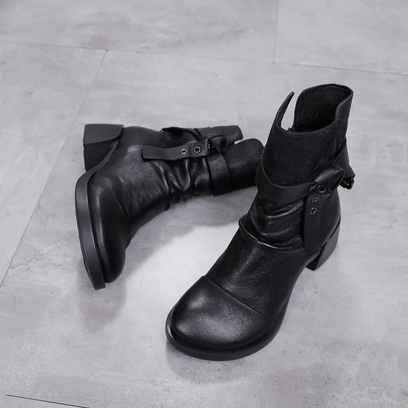 Women's retro chunky heel ankle boots in genuine leather, round toe, black colour