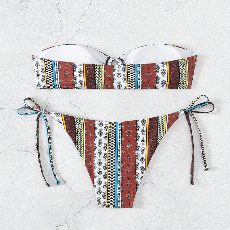 Women's printed lace-up split swimsuit in mixed colours, sleeveless polyester two-piece bikini set with bra and pants